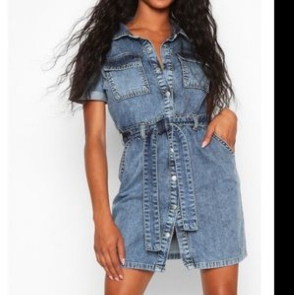 Acid Wash Belted Shirt Dress